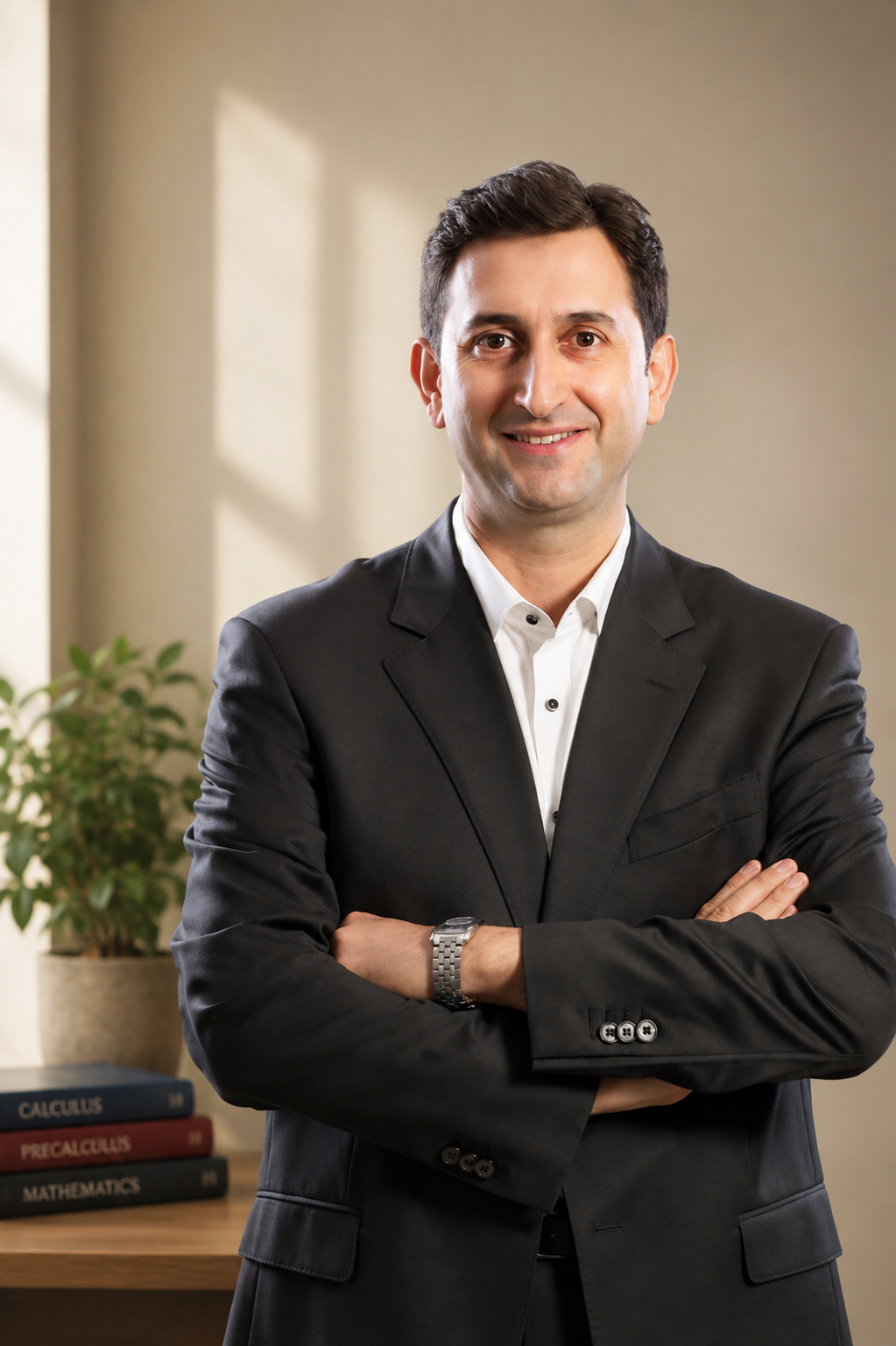 Victor Taghizadeh, mathematics educator, standing with arms crossed in a softly lit office
